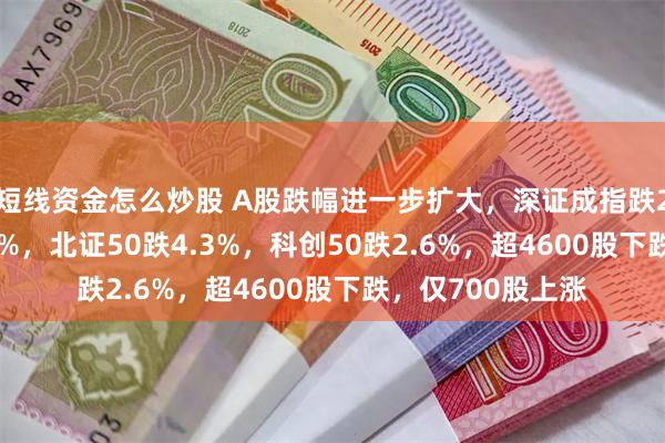 短线资金怎么炒股 A股跌幅进一步扩大，深证成指跌2%，沪指跌1.53%，北证50跌4.3%，科创50跌2.6%，超4600股下跌，仅700股上涨